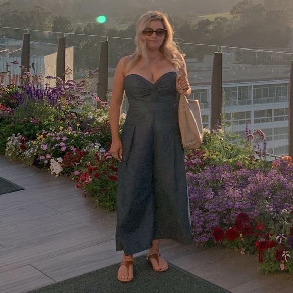 Denim strapless wide leg jumpsuit romper - Picture 2 of 13